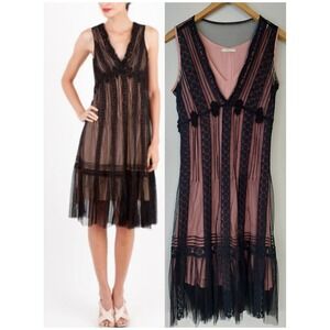 Nataya Vintage Black Lace  Mesh Tulle Midi Dress Small Edwardian Whimsical